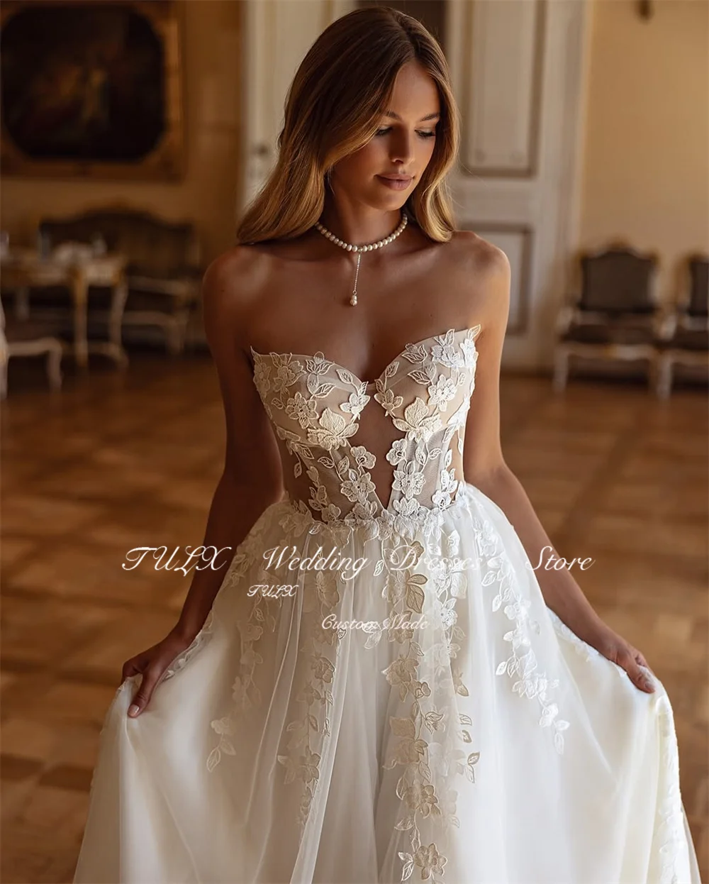 TULX Luxury Ivory Lace Flower Wedding Dresses Photo Sexy Sweetheart Bridal Gown A line Tulle Long Robe De Mariée Customized 2026