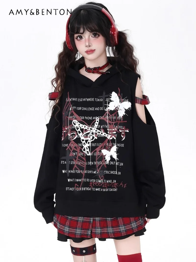 

Harajuku Style Subculture Sweet Cool Off-Shoulder Patchwork Plaid Fake Two-Piece Loose Hoodies Goth Cartoon Print Oversized Top