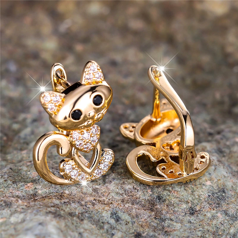 Cute Black Zircon Stone Cat Animal Hoop Earrings For Women Charm Female Gold Color Wedding Jewelry Gift