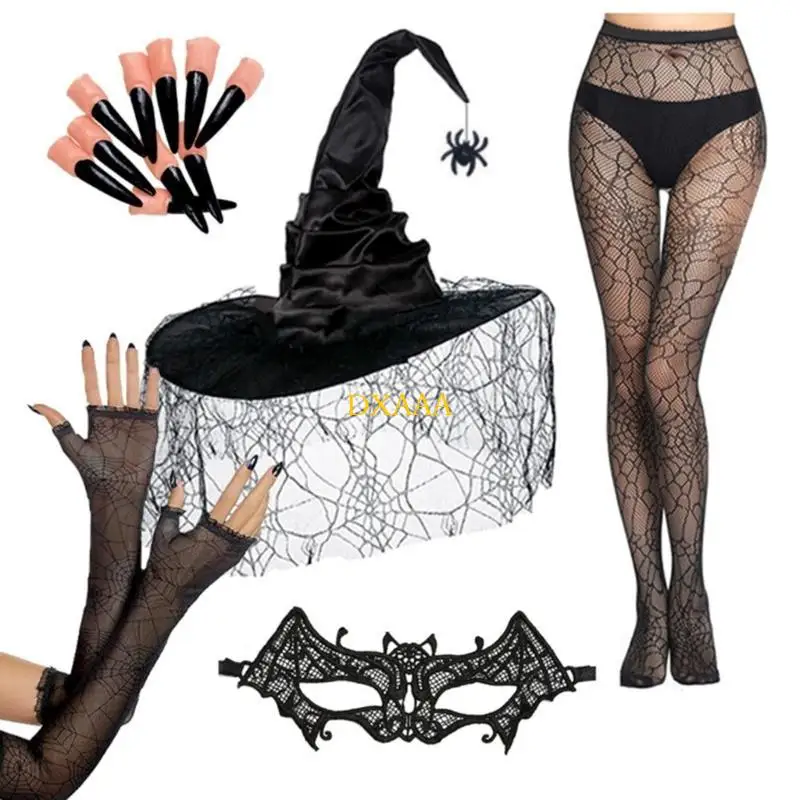 DXAA – ensemble d'accessoires Costume sorcière d'halloween, voile d'araignée noire, chapeau, gants, masque, tenue pour