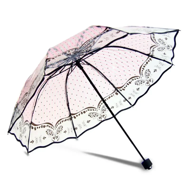 Women Transparent Umbrellas for Protect Against Wind and Rain Clear 3 Fold Umbrella Clear Field Household Rain Gear