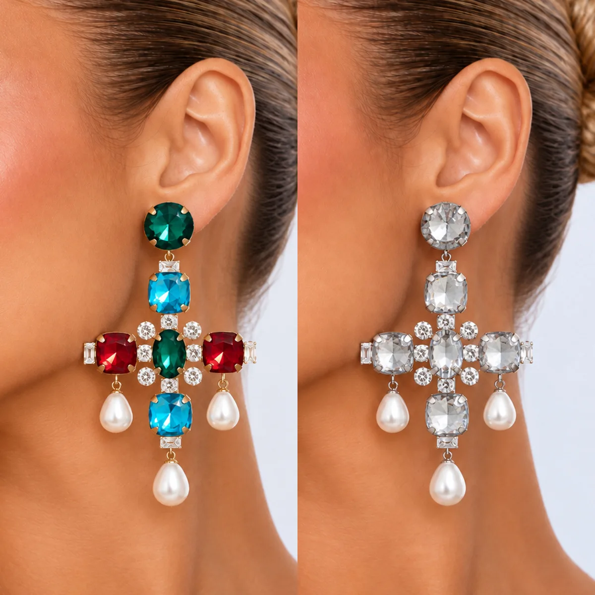 Baroque Cross Drop Earrings Color Gem Silver Tone Crystal Pearl Pendant Dangle Ear Ring Statement Vintage Jewelry Women