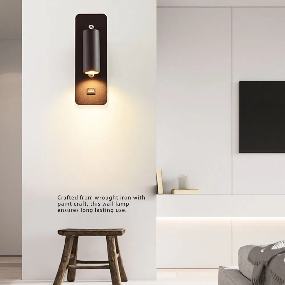 Modern 7W LED Wall Lamp Neutral Light 4000K AC 100-260V Wall Mounted Light with USB Port Hardwired Wall Sconce Reading Nook