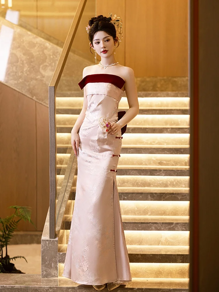 

Pink Wedding Dr New Chinese Sle Bridal Morning Robe Engagement Dinner Dr Women High Sense Fi Tail Bridesmaid Gown