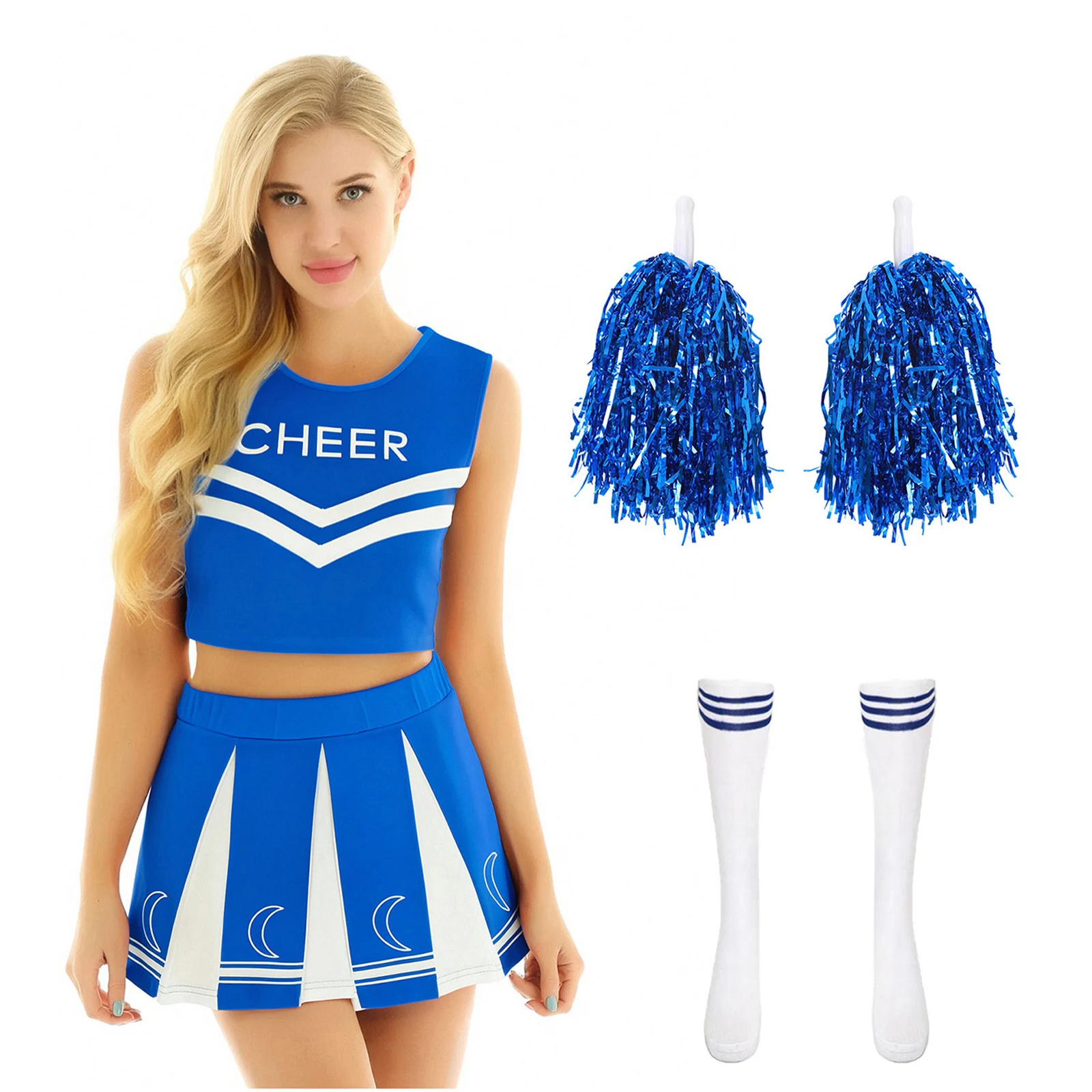

Womens 4Pcs College Cheerleader Uniforms Sleeveless Letter Print Crop Top Pleated Skirt Socks And Hand-held Hand Flowers