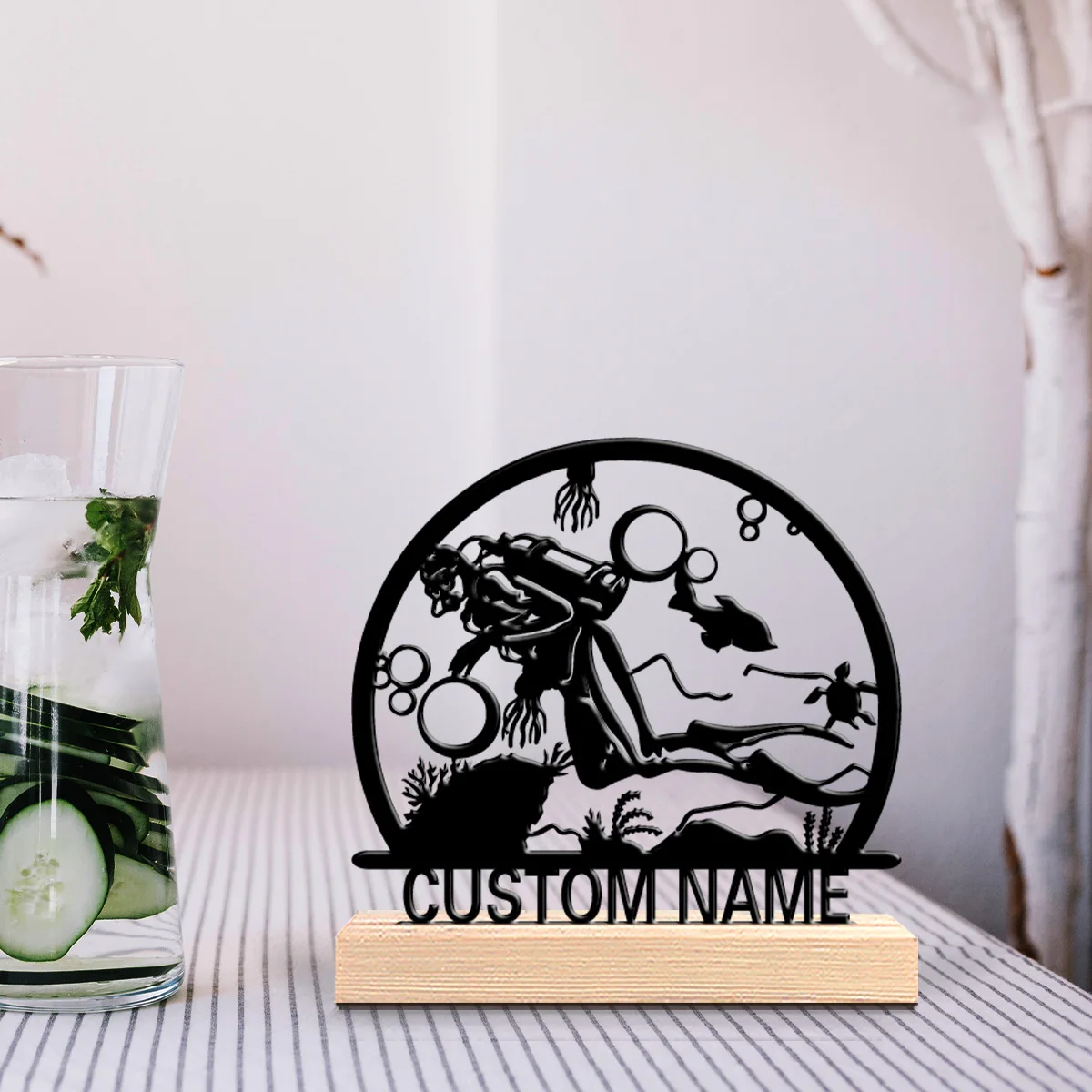 1pc Beauty Personalized Custom diving Metal Statues Wooden Base Wall Decor for Kitchen Dining Room Modern Rustic Home Style