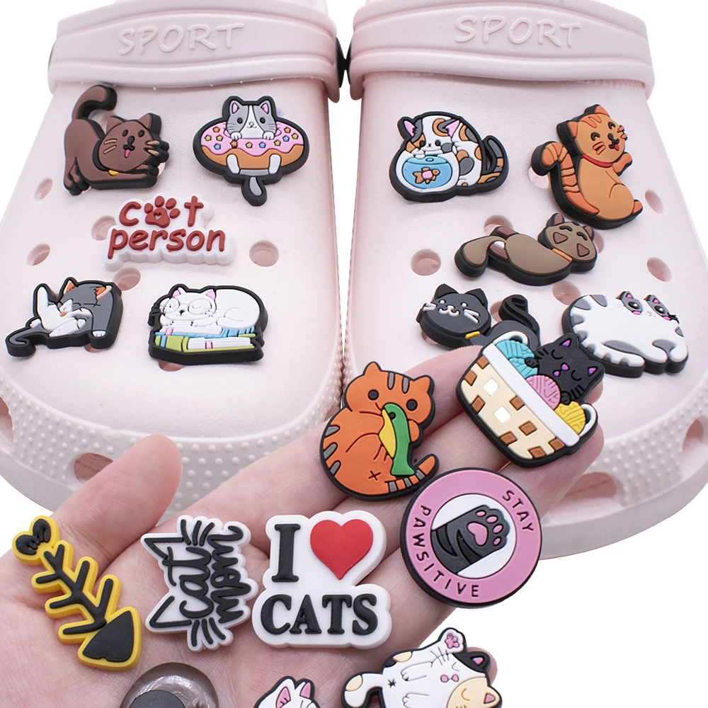 Wholesale 1pcs PVC Shoe Accessories for Crocs Charms I Love Cat Badge Women Sandals Buckle Kids Pins Decoration Jeans X-mas Gift