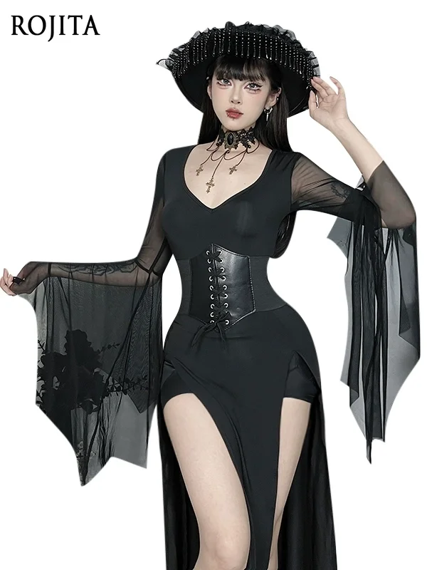 

Goth Long Dress Women Lace Sexy Dress 2025 New Spring Summer Elegant Vintage Solid Color Split Waist Long Sleeve Dresses Women