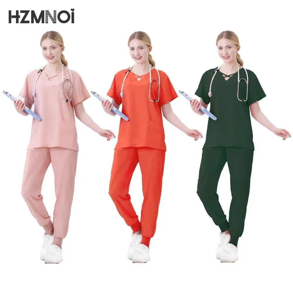 Nuevo conjunto de uniformes médicos, Tops elásticos con pantalones de bolsillo, uniforme de enfermera, monos de cirugía para médico, ropa de trabajo para salón de belleza
