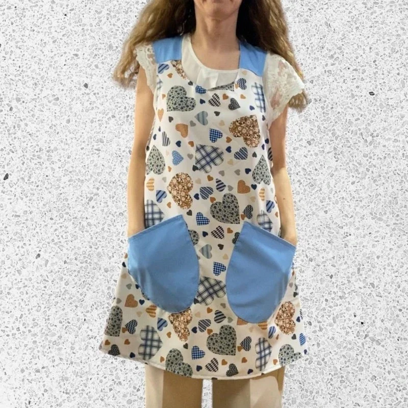

Waterproof U Neck Apron for Women with Big Pocket Vintage Garden Print Oilproof Kitchen Cooking Apron Blue Grid Design