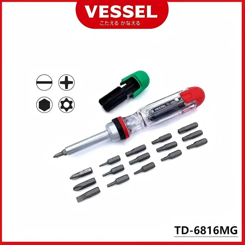 

Набор отверток с храповым механизмом VESSEL — 4/8/16 бит, эргономичная ручка, быстрый крутящий момент, для дома/сделай сам/мастерской, противоскользящая ручка (TD-6816MG/T)