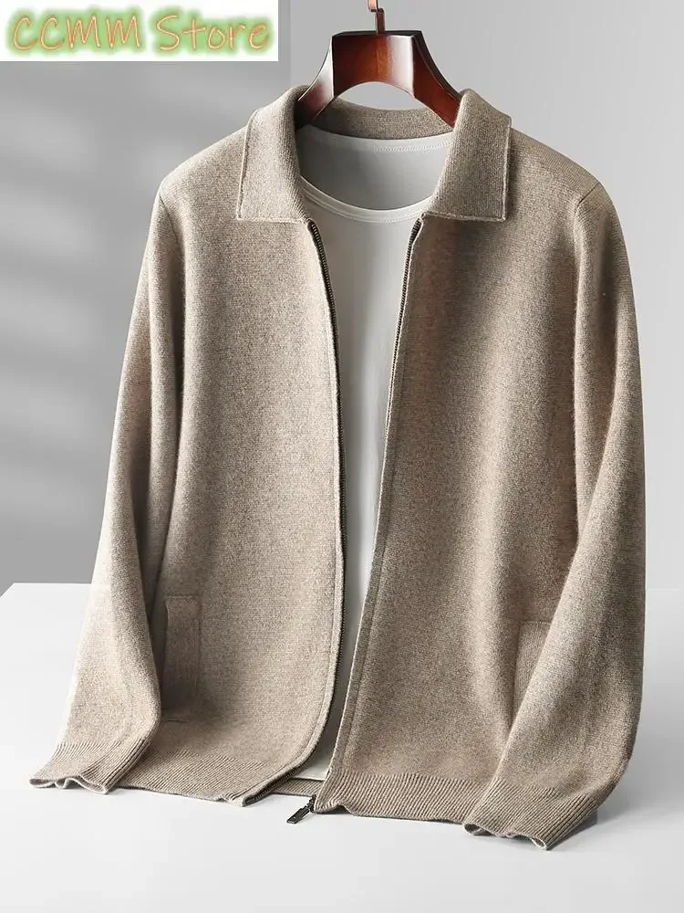 High-end Men's Cardigan 100% Merino Wool Knitted Zipper Jacket Autumn and Winter Thickened Long Sleeve Men's Sweater Lapel Shirt