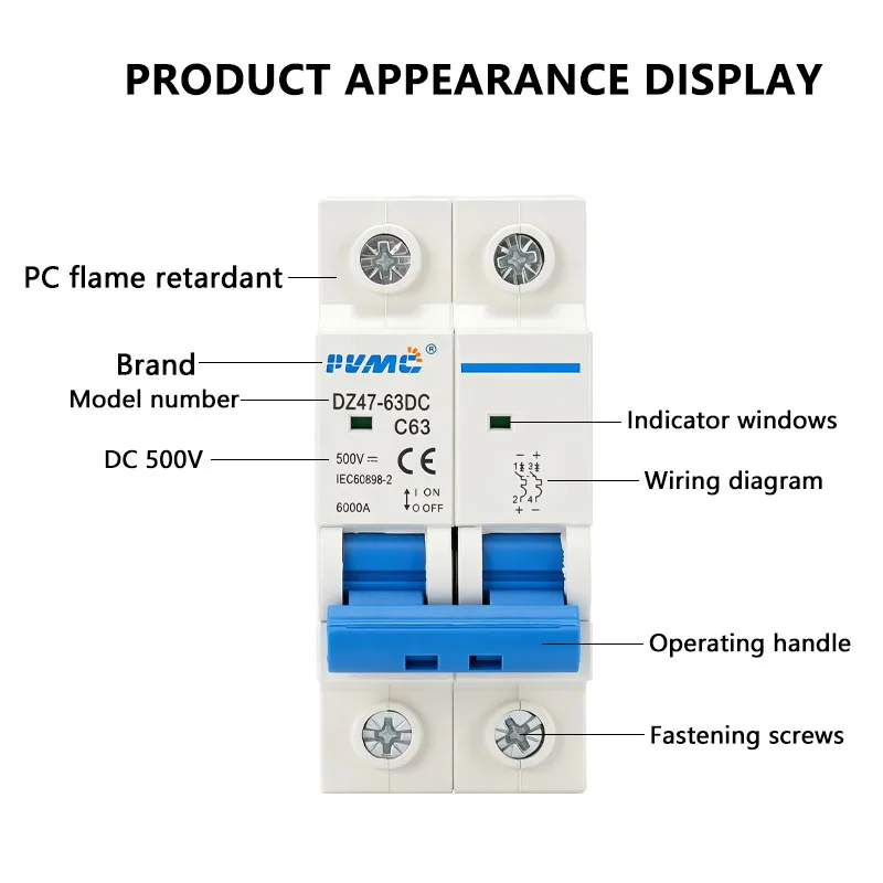 2 Pole DC Mini Circuit Breaker DZ47-63DC C63 63A 500V DC MCB Solar PV System Disconnect Switch Overcurrent Protection Air Switch image 3