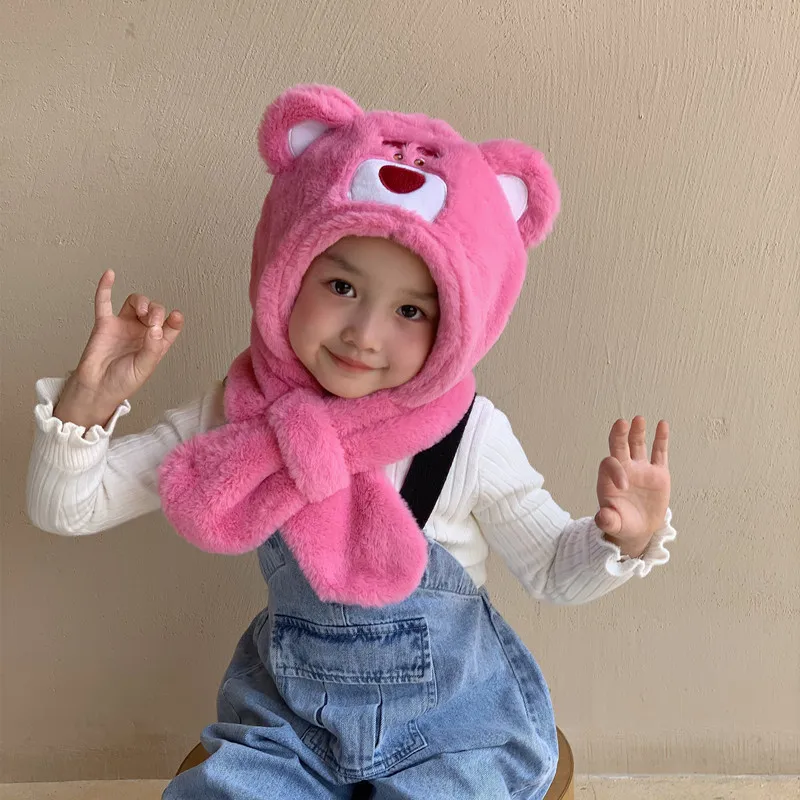 Cute Children's Lotso Bear Scarf Hat Integrated Winter Warmth Thickened Plush Cartoon Windproof Neckband for Boys and Girls