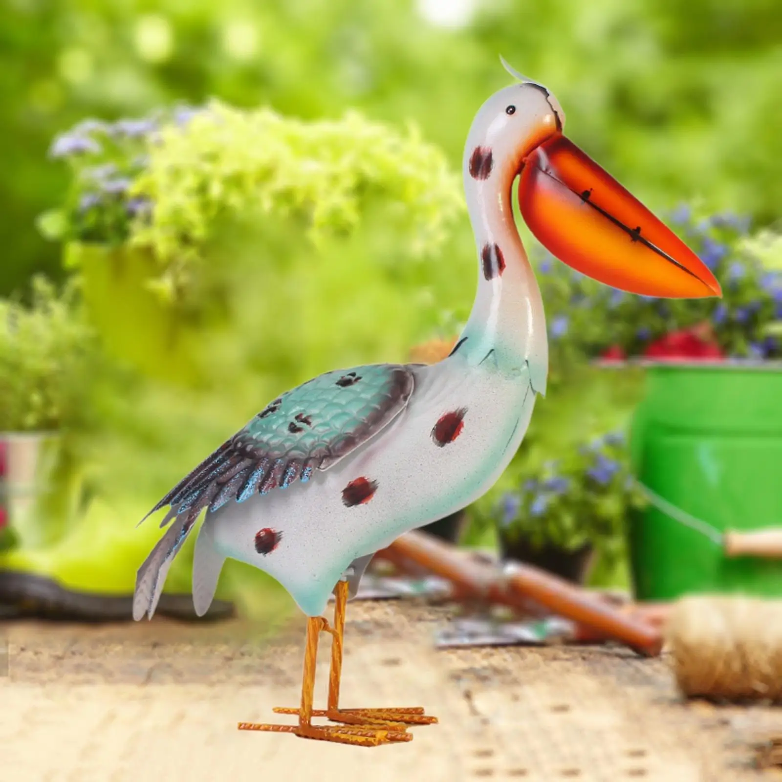 

Pelican Statue Scene Iron Craft Art Landscape Ornament Standing Figurine Garden Sculpture for Outside Porch Roof Flowerbed Lawn