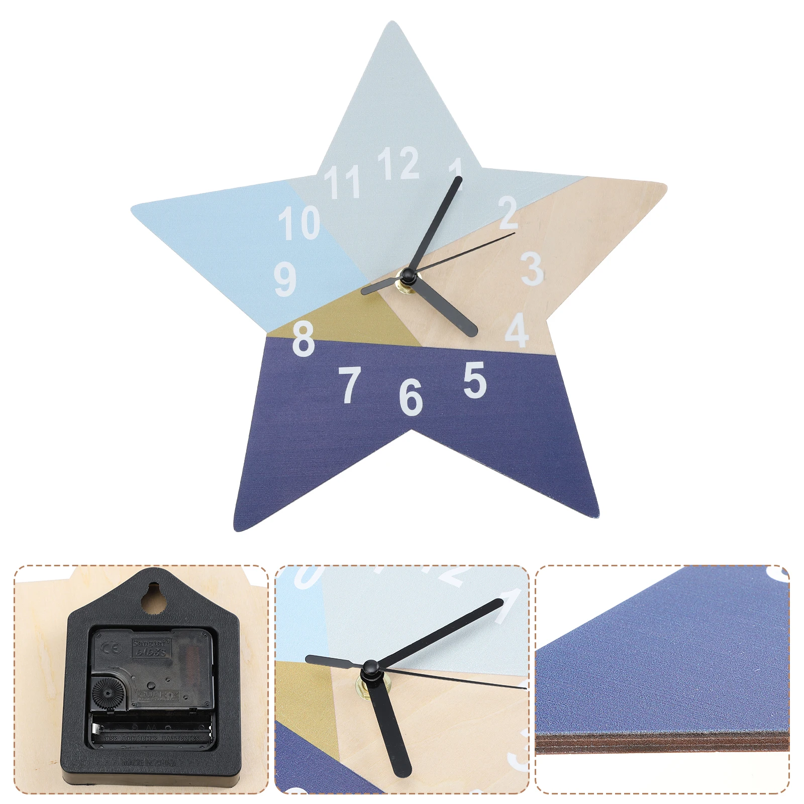 Blue Geometry Wall Clock for Kids Room Silent Star Hanging Basswood Children Mute Clock Modern Creative Bedroom Nursery Home