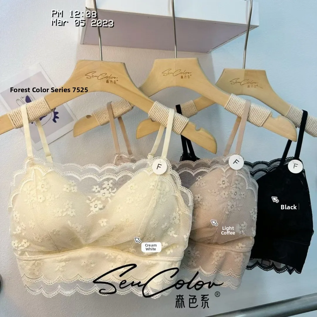 

Sexy Lace Back Wrap Chest Latex Fixed Cup Gathered Prevent Exposure Small Chest Gathered Forest Color Series Underwear