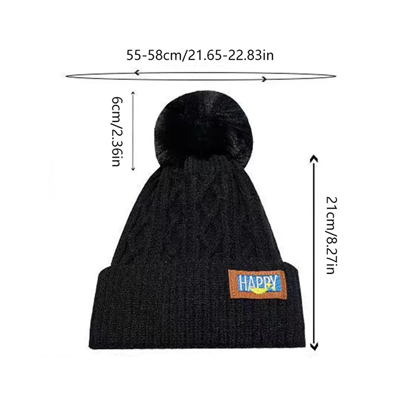 Korean Knitted Cold Hats Faux Fur Embroidery Letter Beanie Female Soft Solid Color Crochet Cap Winter Plus Velvet Warm Wool Hat