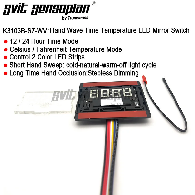 Trumsense K3103B-S7-WW Hand Wave Sensor Switch Time Temperature Display for Bathroom LED Mirror Stepless Dimming Defog Control