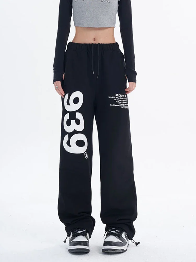 Y2K Sweatpants Women Korean Black Letter Print Wide Leg Pants Fashion Hip Hop High Waist Female Casual Trousers