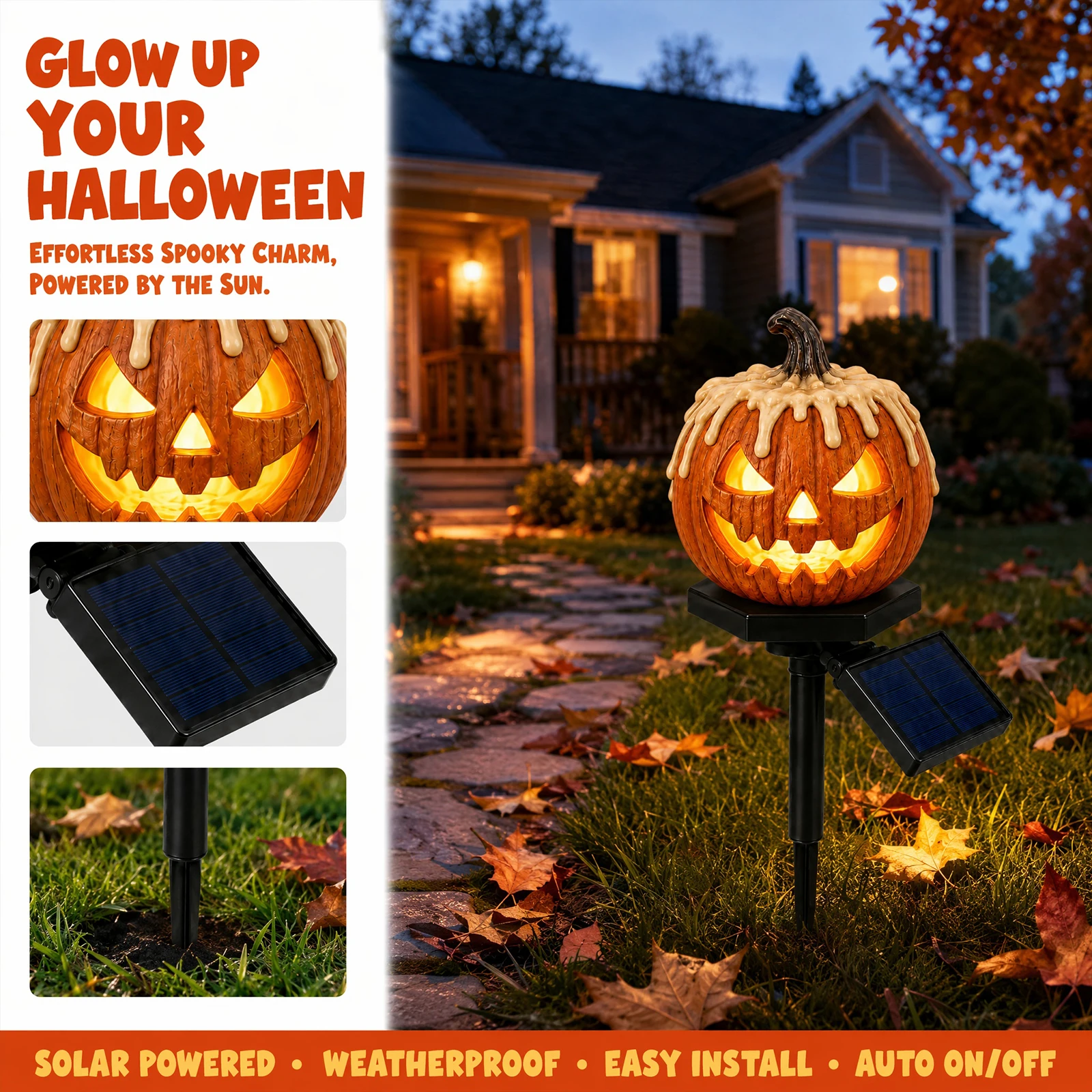 Solar Garden Light Dusk To Dawn - Solar Powered Halloween Pumpkin Stake Light