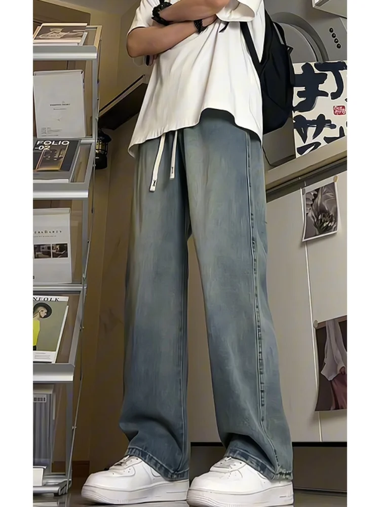 

Retro Men's Jeans Summer Thin Straight Loose Casual Pants High Street Wide Leg Long Trousers Wear Resistant Micro Stretch