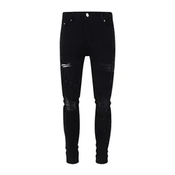 European and American designer high street fashion new black men's jeans stretch slim fit retro washed leather patch jeans hip-h