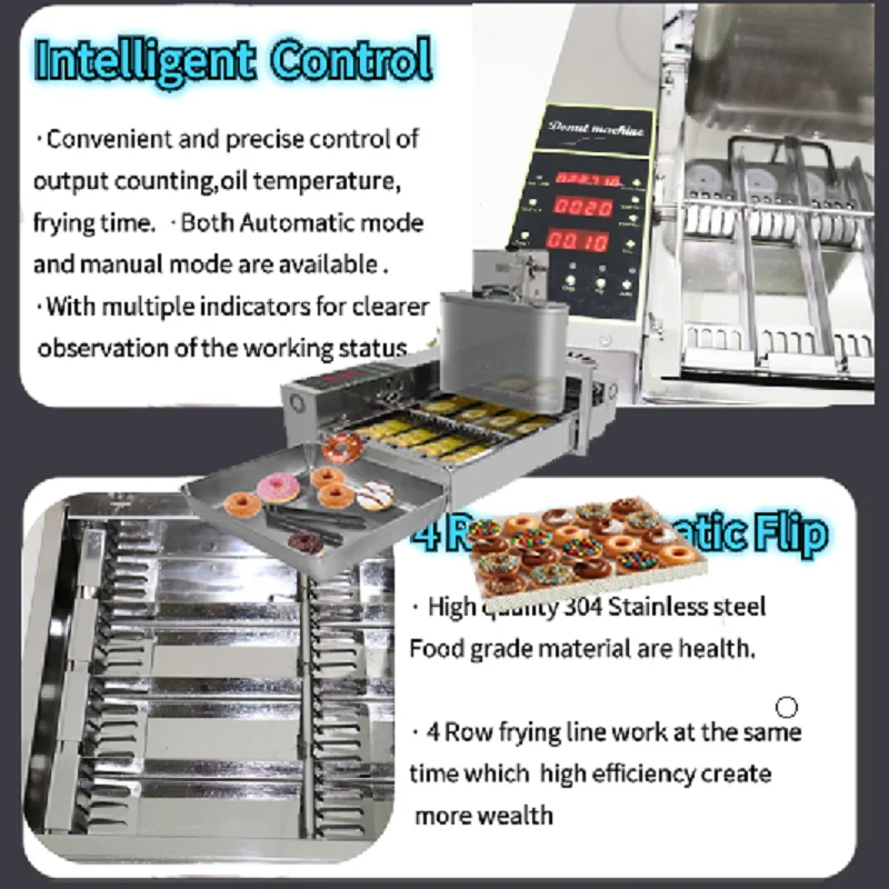 Hot Sale 4 Row Commercial Automatic Stainless Steel Mini Donut Maker Electric Doughnut Machine for Bakery for Flours and Nuts