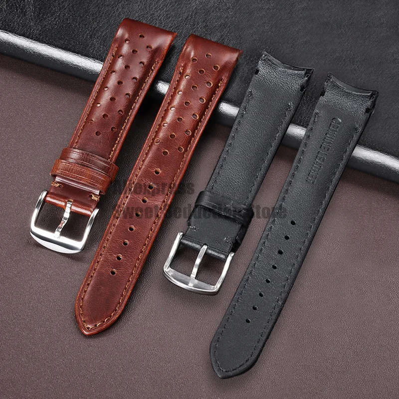 20mm 22mm Curved End Oil Wax Leather Band Universal Cowhide Strap Women Men Belt Bracelet Genuine Leather Wristband Accessories