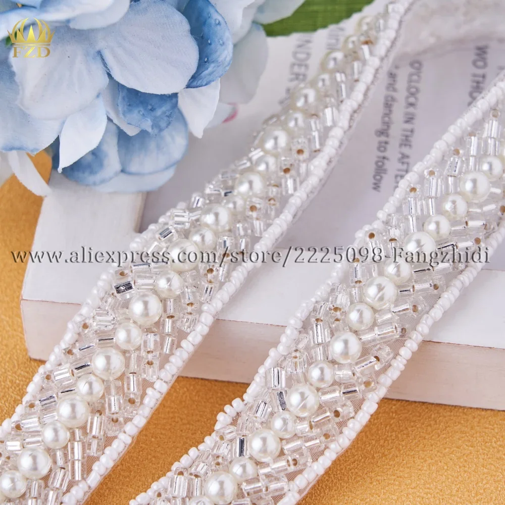 

FZD Silver Crystal 10 Yard Bridal Sash Rhinestones Pearls Wedding Belt Satin Bridal Belt and Sash Sew On for Wedding Decoration