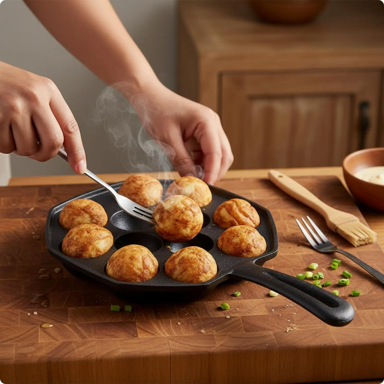 Polygonal Cast Iron Takoyaki Pan with Hanging Loop for Octopus Balls Quail Eggs Home Breakfast Cooking on Stove