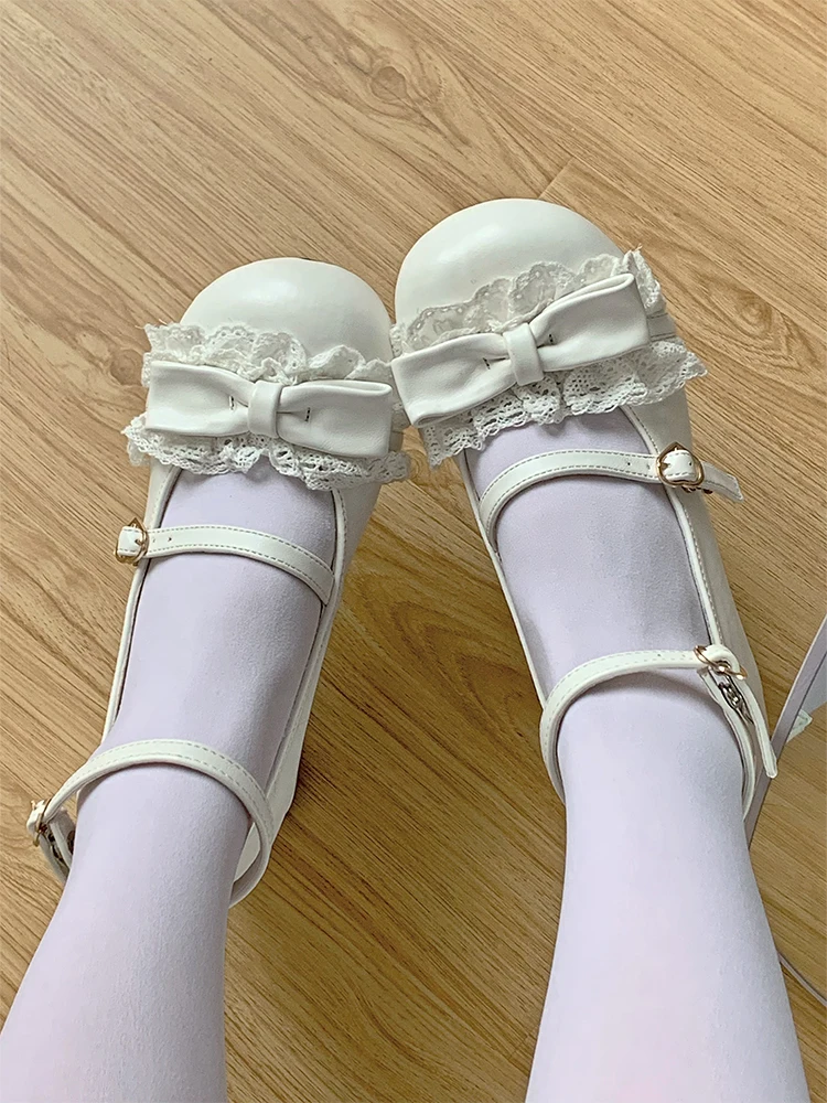 Lolita Shoe Sweet Mid-heel Cute Round Head Single Shoes Comfortable Chunky Platform Pumps Bowknot Leather Heel Students