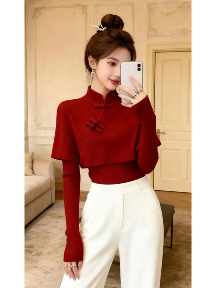 

Красный китайский вязаный свитер-кардиган для женщин, осенне-зимний, приталенный, с воротником-стойкой, на пуговицах, повседневный модный топ