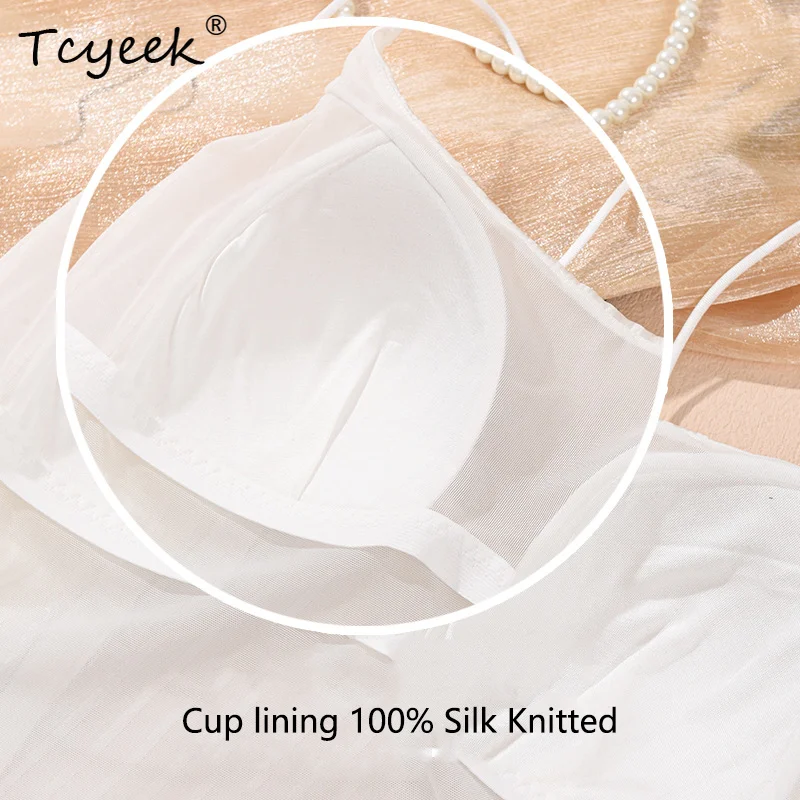 

Tcyeek-Sexy Camisole For Women, 19MM 93% Silk, With Pad, Satin Stripes Lining Bra, 2024 Autumn Winter Silk Tube Top P40410QM