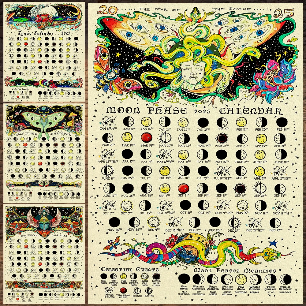 Fases lunares 2025, calendario Lunar 2025, arte de pared Vintage, impresión de Cavas, dragón, polilla lunar, serpiente, impresión de carteles artísticos de fases lunares de brujería