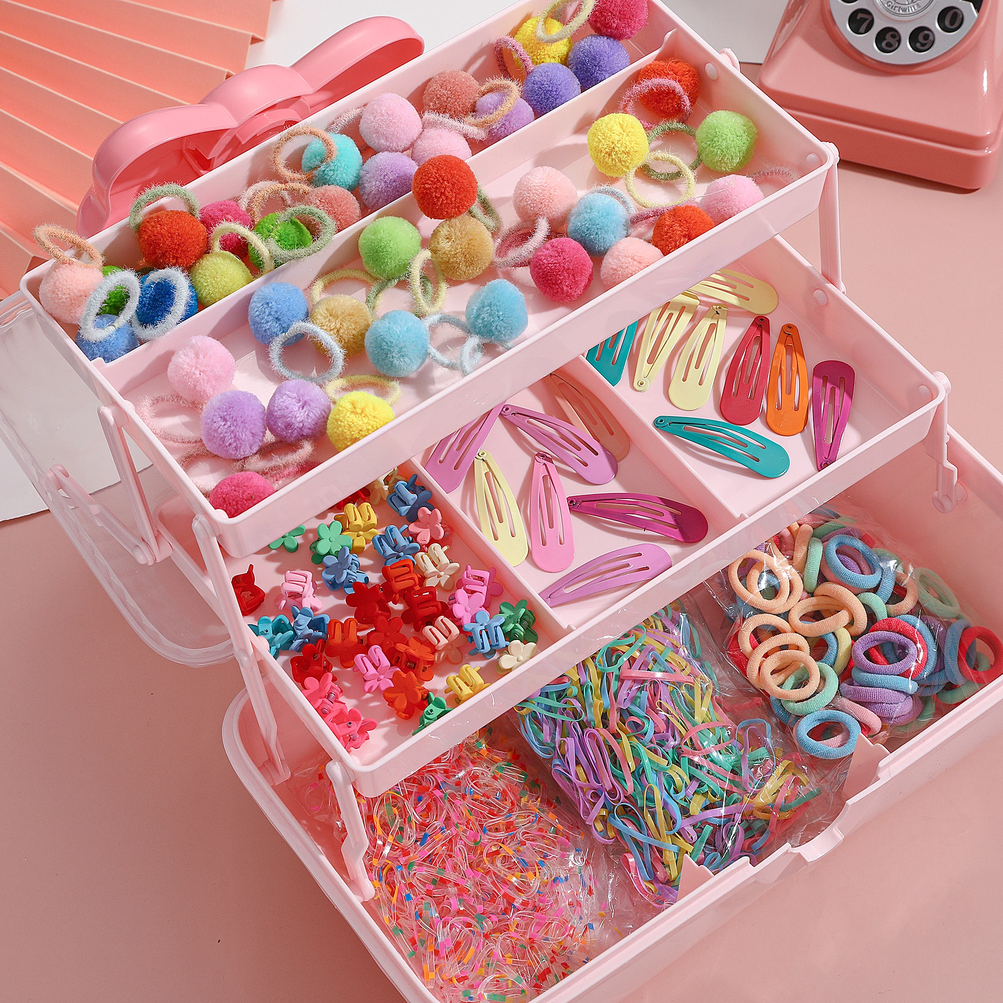

1201piece Set Of Children's Storage Boxes Hair Accessory Storage Boxes Pink Bowknots Easy To Use Rubber Hair Bands Jewelry Boxes