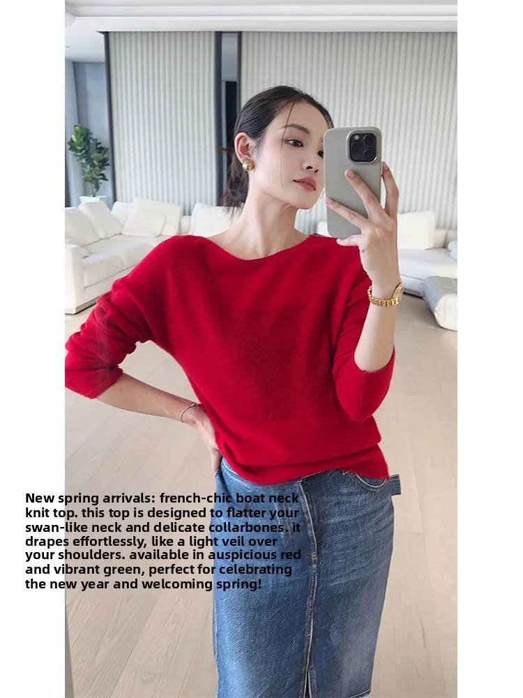 

MeiYang Luy Red Knitted Sweater 48-Strand Wool Ele Boat Ne Long Sve Women's Casual Faion Spring Outerwear