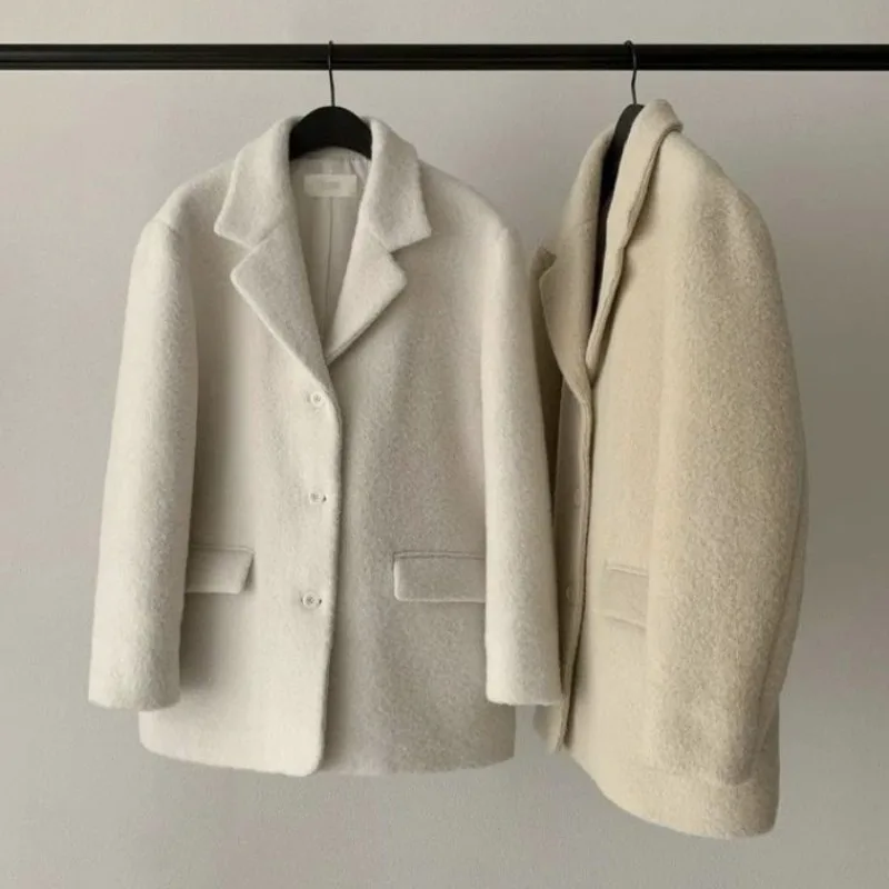 Korean Minimalist Atmosphere Warm White Woolen Blazer Loose Lapel Single-Breasted Warm Suit Jacket Women Female Office Lady Top