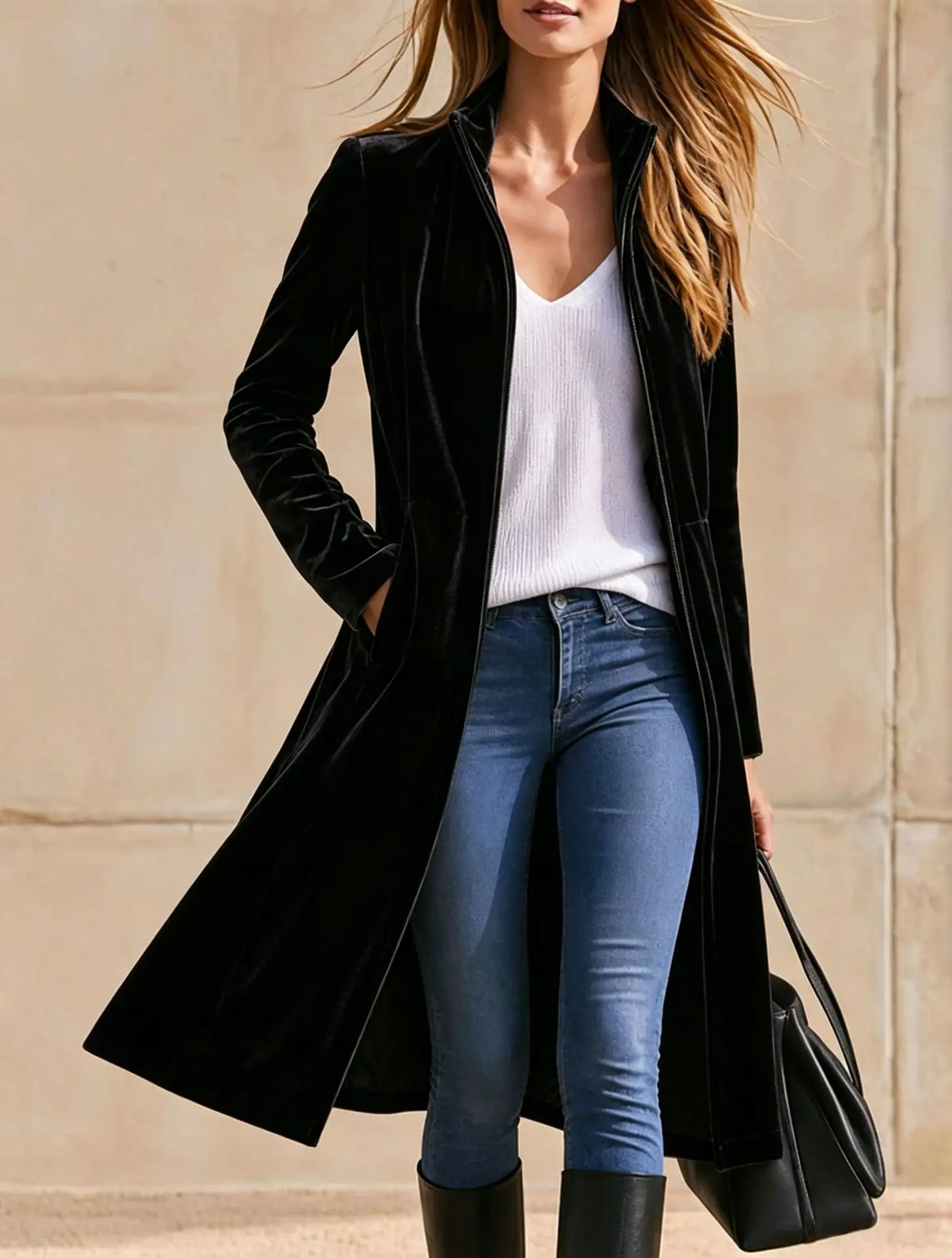 Retro Velvet Coat Autumn Winter Loose Fashionable Solid Color Commuting Style Long Sleeved Stand Up Collar Zipper Windbreaker