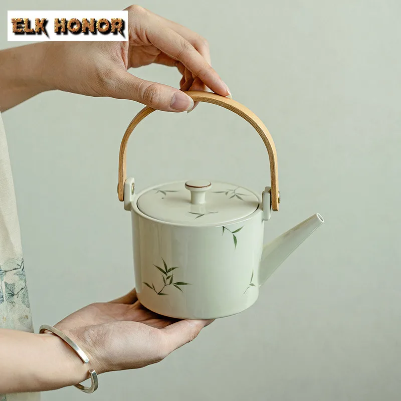 

420ml Hand-painted Bamboo Teapot Zen Ceramic Loop-handled Teapot Tea Brewing Kettle With Filter Creative Tea Soaking Cafes Craft