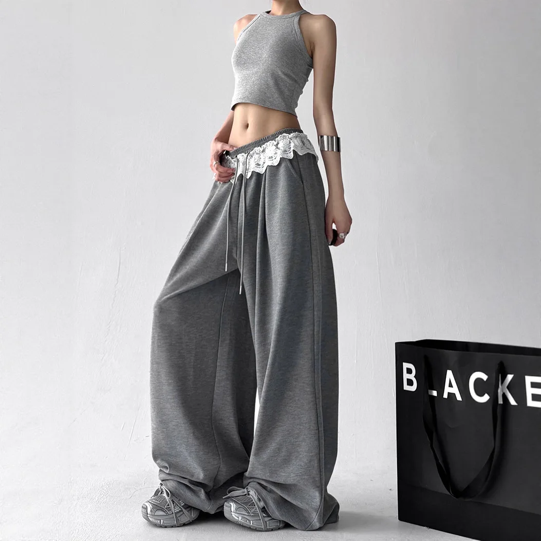Harajuku Contrast Color Stripe Wide Leg Trousers Vintage Grunge Loose Knitted Casual Pant Y2k Women Straight Pants