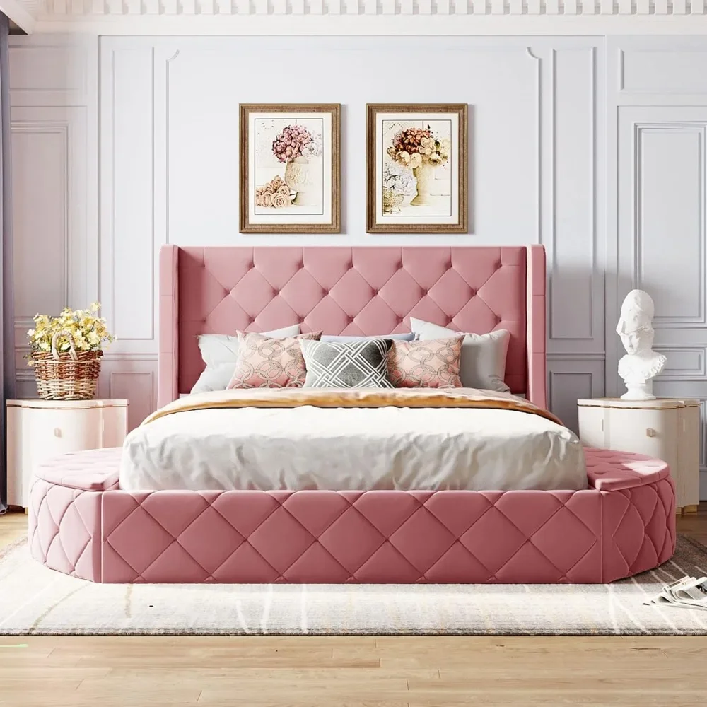 Queen Storage Bed Frame, Deluxe Upholstered Platform Bed with Wingback Headboard and 1 Big Drawer, 2 Side Storage Stool