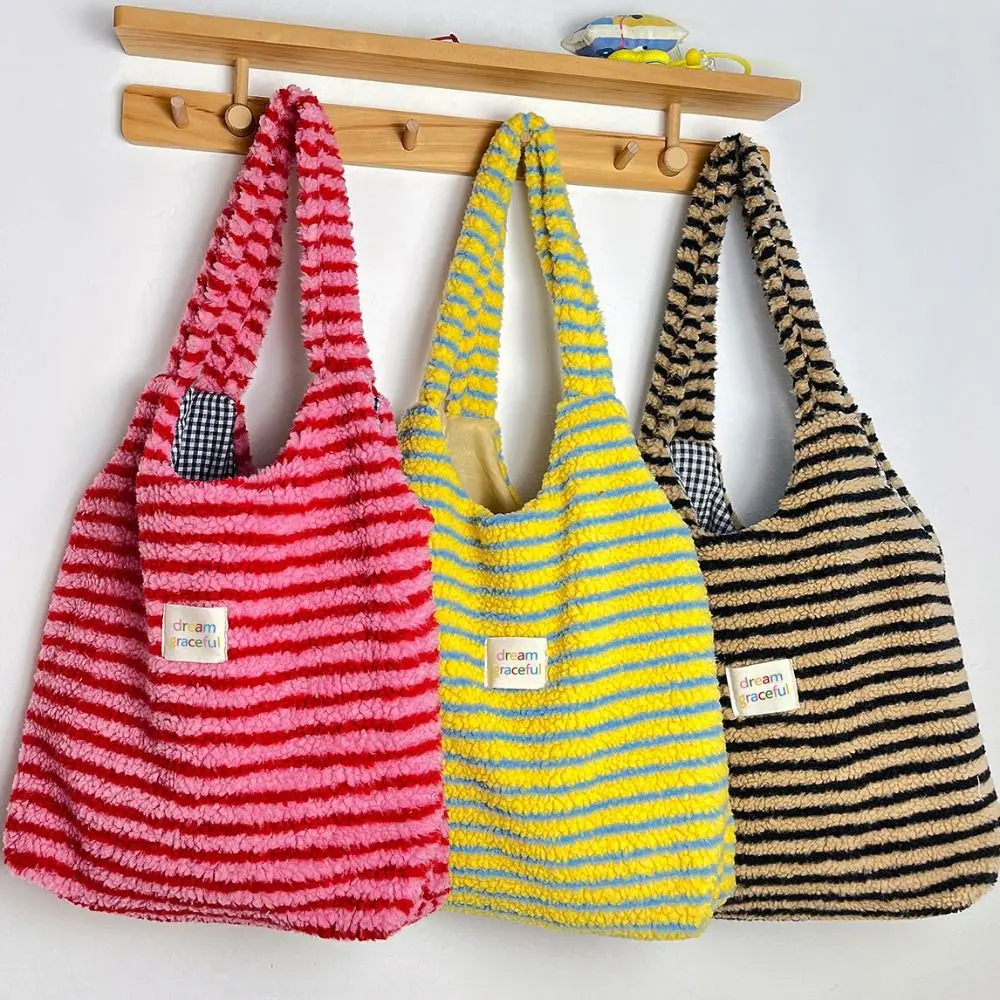 Color Blocking Stripe Plush Handbag, Mommy Bag, Tote de grande capacidade, Storage Bag, Underarm Bag, Shoulder Bag, Outdoor Shopping Bag