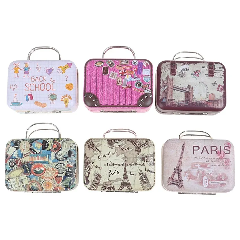 1PC Mini Suitcase Candy Boxes Small Tin Plate Gift Box Rectangular Coin Storage Container with Hinged Lids for Travel Party Wed