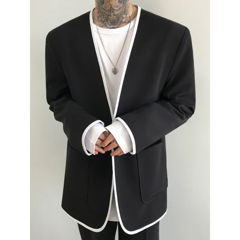 

Suit Jacket Men's Spring Autumn Korean Loose Casual Collarless Black Blazers V-neck Single Button Long Sleeves Male Coat