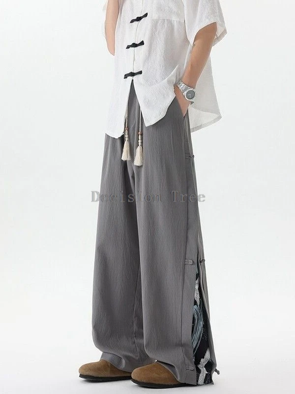 Plue Size Chinese-style Buckle Split Pants Summer Men Spliced Ice Silk Pant Wushu Drawstring Waist Pants Vintage Casual Trousers