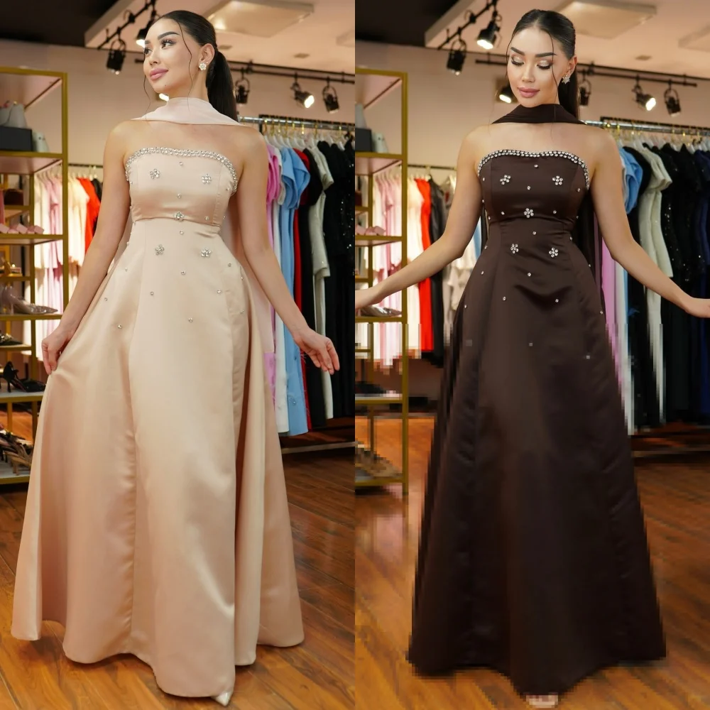 

Customized Modern Style Fashion Charmeuse Rhinestone Pleat A-line Strapless Long Dresses Bespoke Occasion Dresses Formal Classic