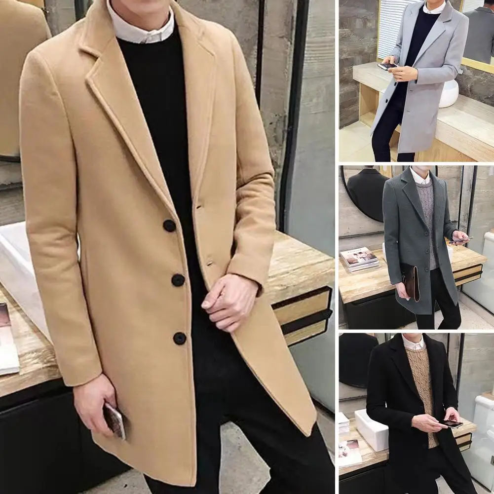 Wool Coat Stylish Men's Lapel Coat for Fall Winter Business Attire Solid Color Mid Length Cardigan with Long Sleeves