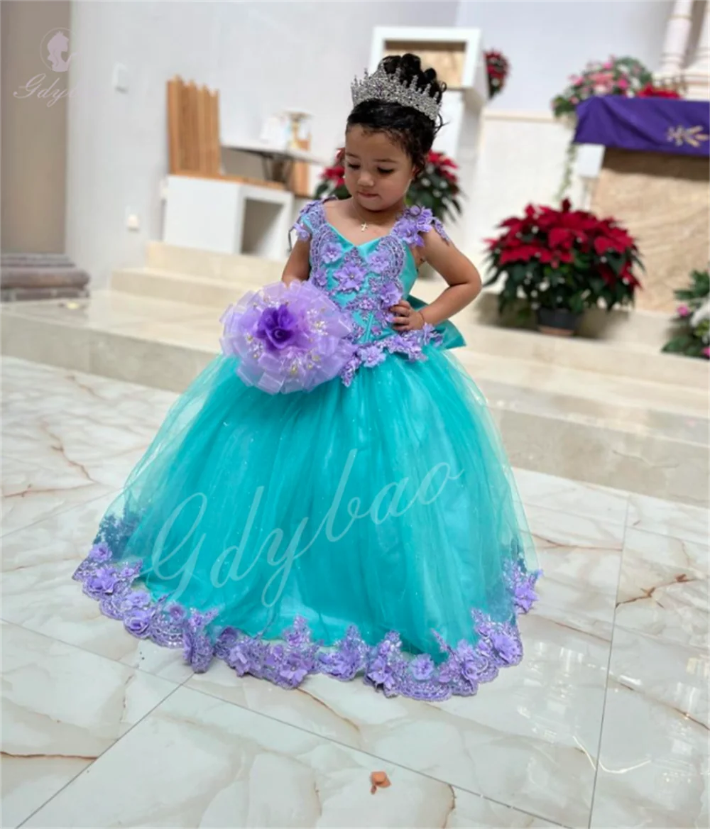 

Girl's Birthday Dress With Lavender Applique Short Sleeve Fluffy Flower Girl Dress Suitable for Party Wear Customizable