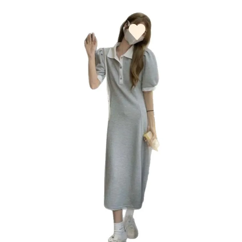 Casual Polo Neck Short Sleeve Dress Women's Summer Midi Length Slimming A-Line Skirt School Style Polyester Solid Color Knitt...